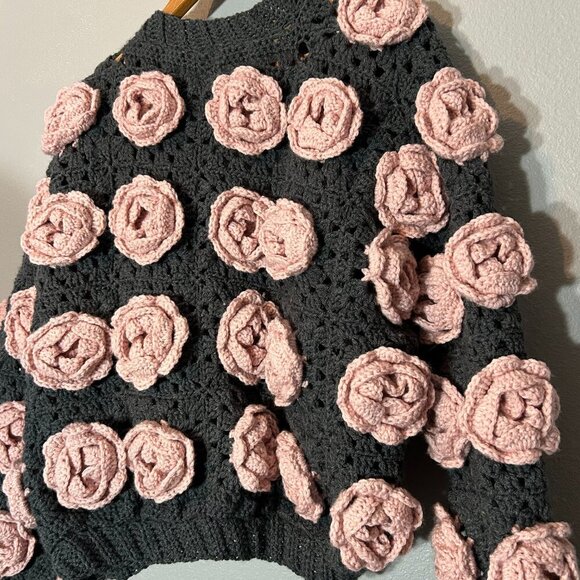 Handmade 3D Rose Bloom Chunky Crochet Jacket Luxe Statement Piece L-XL - Picture 7 of 7